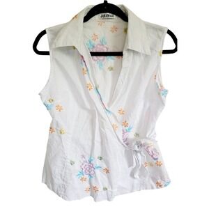 Jaramago Fashion 40  White  Women's  Shirt 100% Linen Embroidered SZ L‎